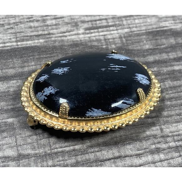 Vintage Oval Black Snowflake Obsidian Cabochon Gold Tone Brooch Pin - Picture 3 of 10